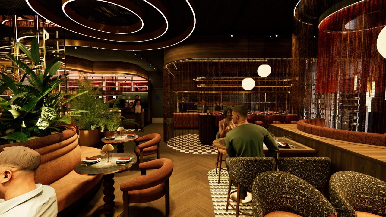 Wide interior perspective across the restaurant, showing the rhythm of columns and warm materials.